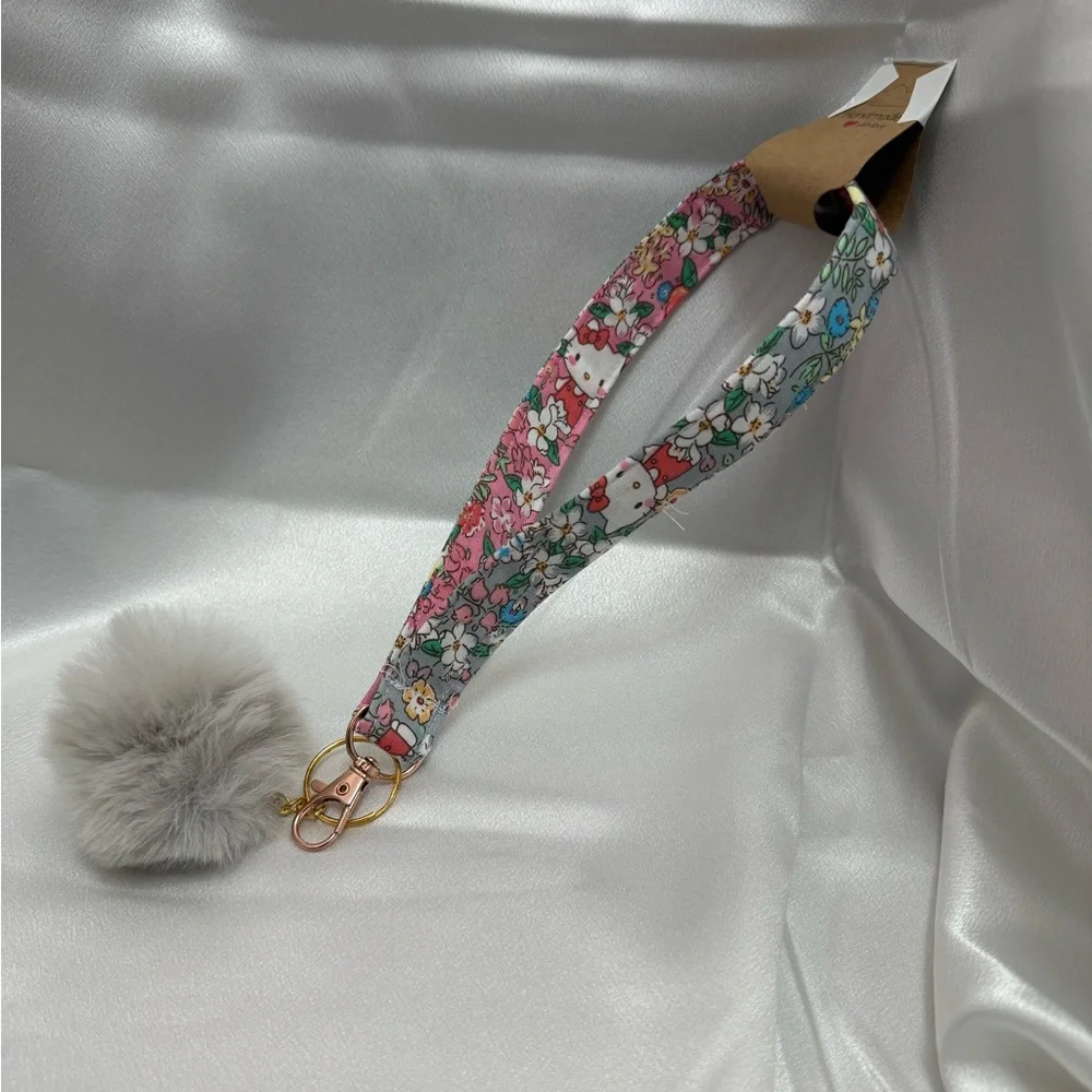 Handmade Kitty and Floral Wristlet Keychain with Gray Pompom